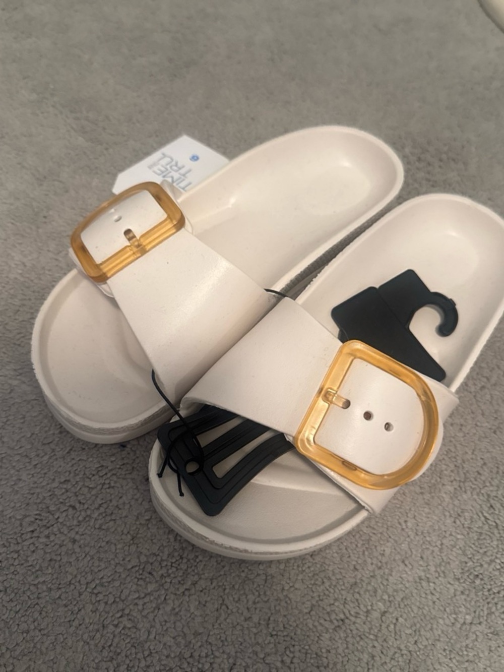 White Slide Sandals with Amber Buckles